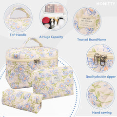 Honitty floral-pattern makeup pouch offers easy access to essentials during trips.