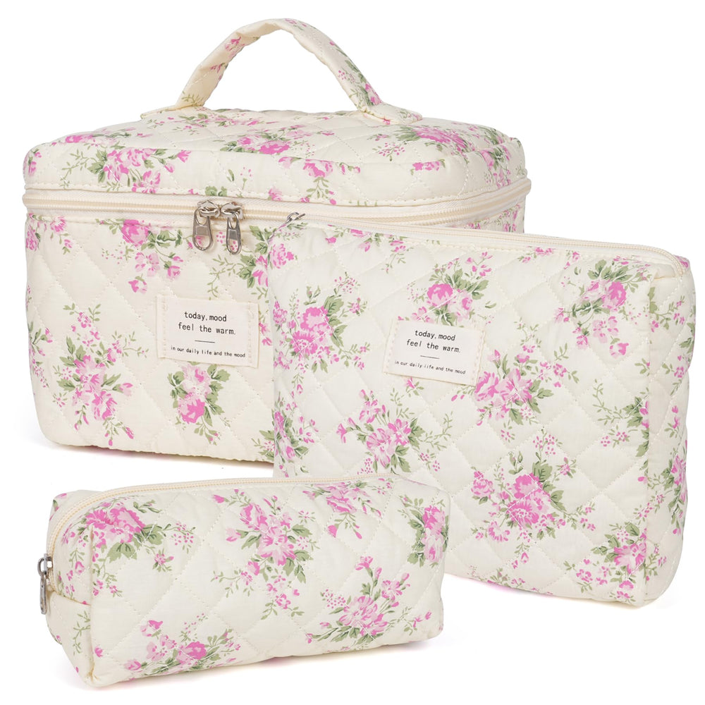 Honitty floral quilted makeup bag large outer view shows roomy cosmetics storage