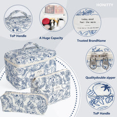 Honitty makeup bag 3-piece set flat lay demonstrates versatile sizes for cosmetics