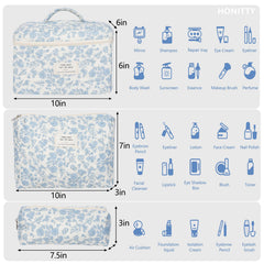 Honitty makeup bag set with three sizes arranged for separating skincare and cosmetics