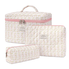 Honitty makeup bag with floral quilted front, ideal for travel organization.