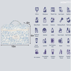 Honitty makeup bag lid compartment separates items for easy access and organization.