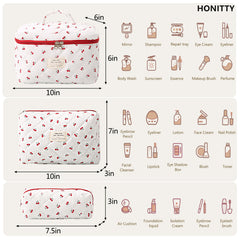 Honitty quilted cosmetic bags, three-piece set, top view, ideal for sorting items by size.