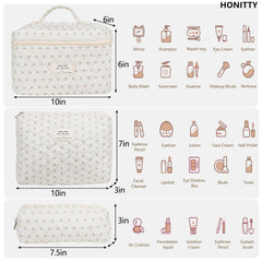 Honitty quilted cosmetic bags with durable travel-ready design.