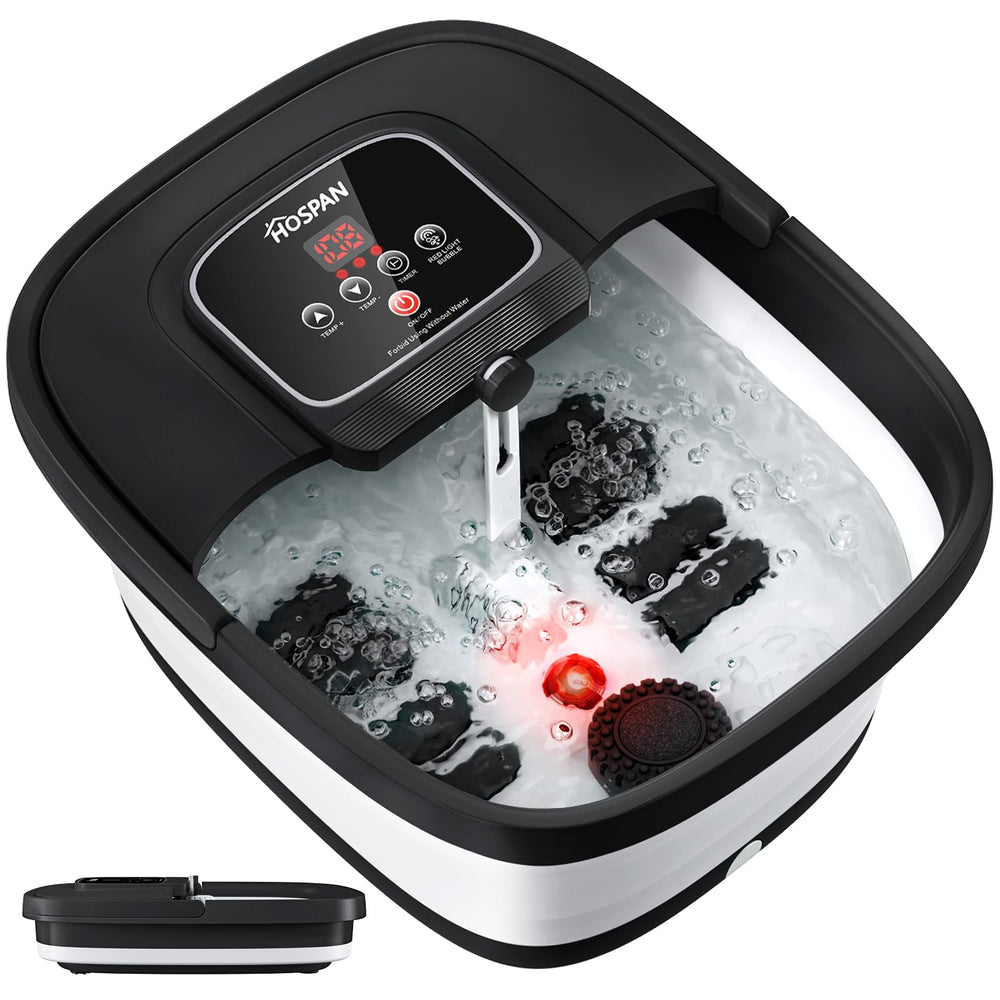 HOSPAN collapsible foot spa with heat, bubble and red light for home spa sessions.