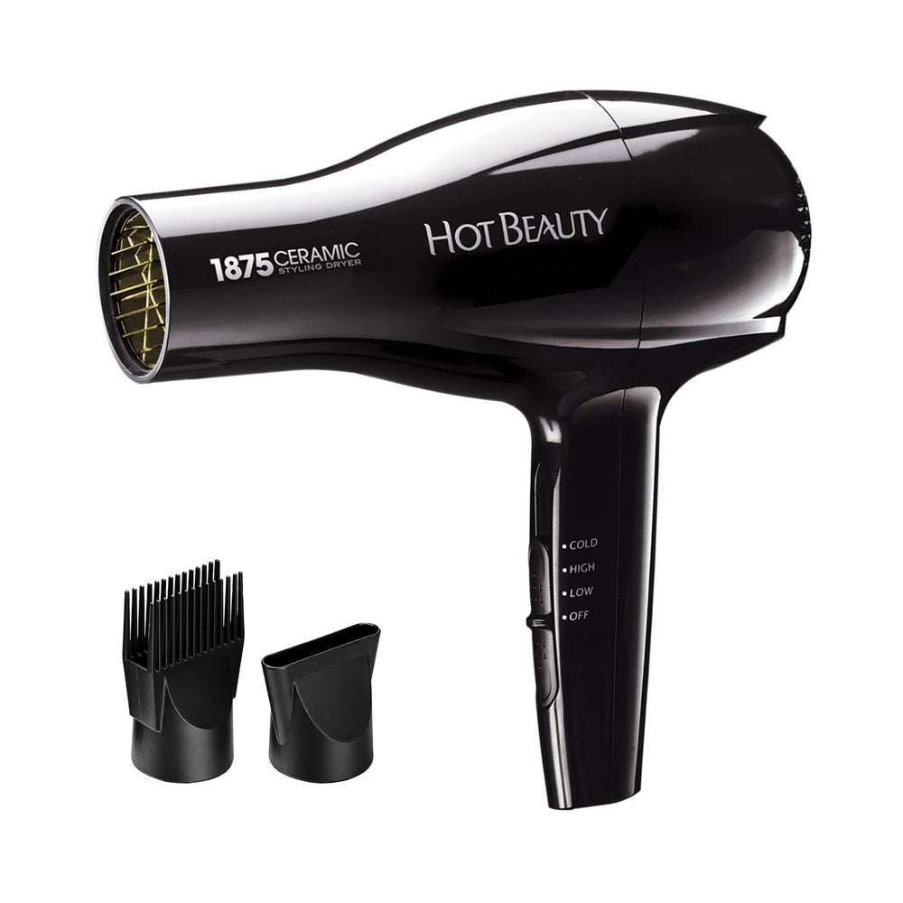 Hot Beauty 1875 Ceramic Styler Dryer front view shows compact design and handling.