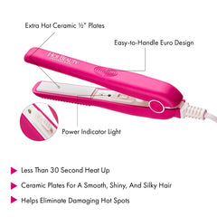 Hot Beauty Mini Flat Iron in pink travel pouch for on-the-go styling