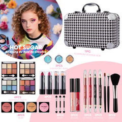 Hot Sugar all-in-one makeup set train-case features built-in mirror for on-the-go touchups.