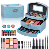 Hot Sugar blue train case closed, stylish storage for teen makeup on the go.