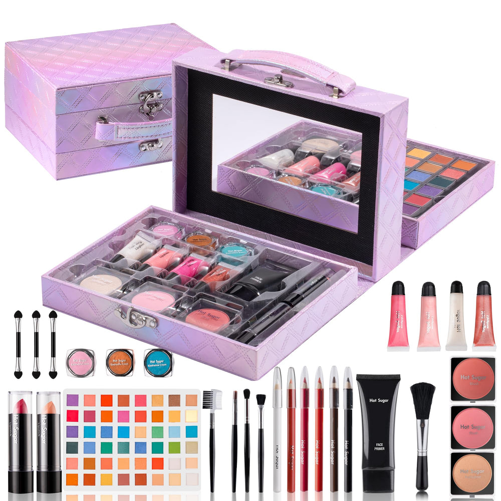 Hot Sugar makeup kit purple diamond train case open for easy storage and travel