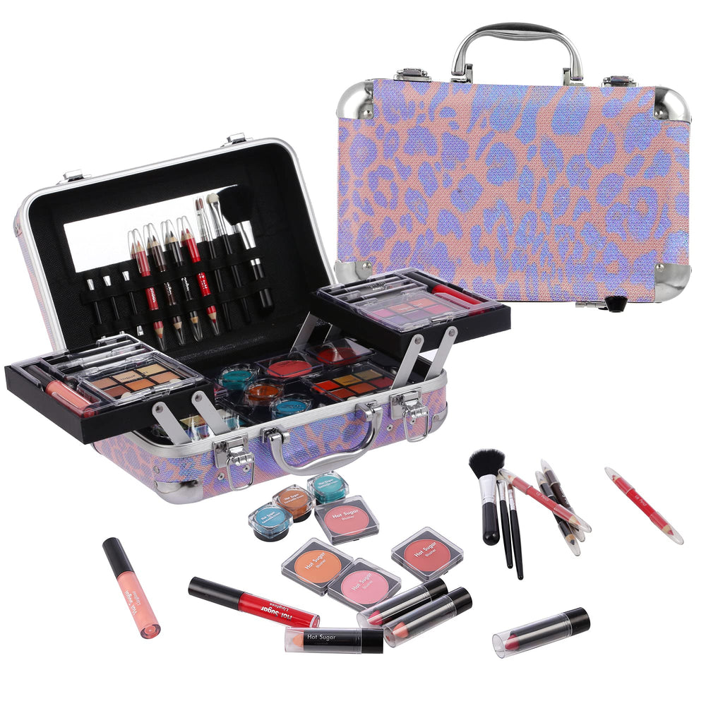 Hot Sugar pink leopard train case opens for portable all-in-one makeup storage.