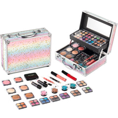 Hot Sugar rainbow train case front shows organized storage for easy makeup on the go.