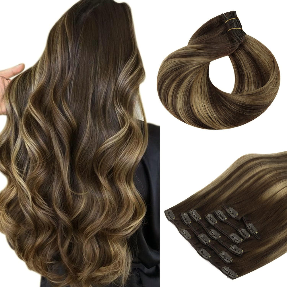 HOTBANANA clip-in extensions in balayage chocolate brown with caramel blonde for natural color blend.