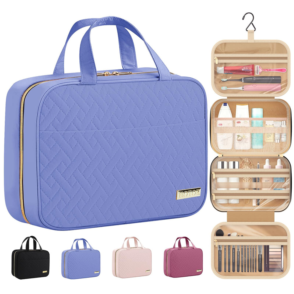 HOTOR travel toiletry bag opened in Aegean Blue showing full expansion for week-long trips