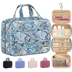 HOTOR travel toiletry bag in blue paisley keeps cosmetics and toiletries organized on the go.