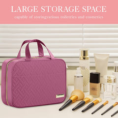 HOTOR Travel Toiletry Bag with four compartments opened for organized cosmetics and travel essentials