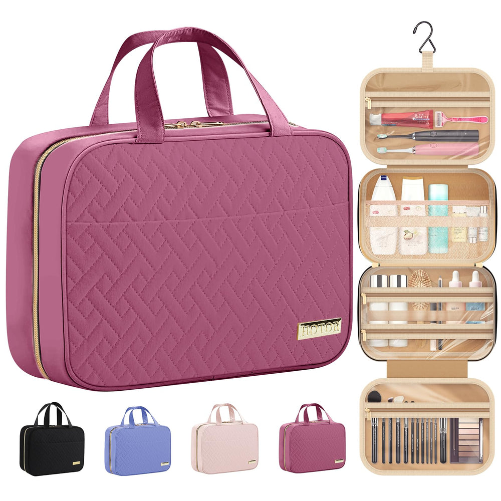 HOTOR travel toiletry bag open-view shows expanded capacity for full-size essentials