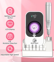 HOUSMV portable nail drill battery display showing life and speed for cordless sessions