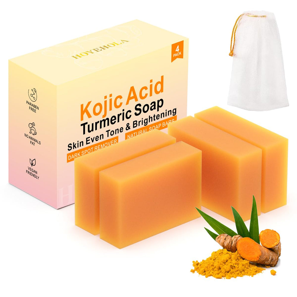 HOYEHOLA Kojic Turmeric Soap Bar 4-pack on a clean surface, versatile skincare.