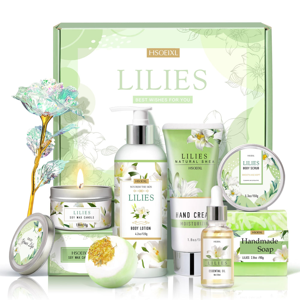 HSOEIXL Lilies spa gift set box highlights a premium giftable presentation for relaxing pampering moments.