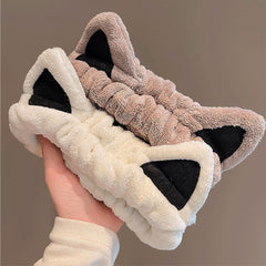 Huachi cat spa headband beige keeps hair away during skincare routines.