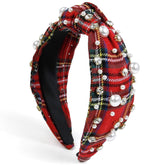 Huachi Christmas headband in red plaid with knotted top for festive styling and secure wear
