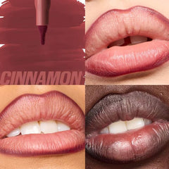 Huda Lip Contour Stain Cinnamon applying action image showing dual-ended smooth glide for all-day color