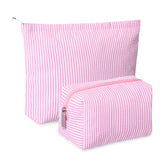 Huhumy makeup bag set in pink seersucker with chic preppy stripe design for stylish travel