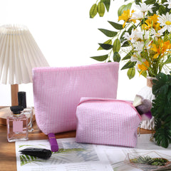 Huhumy pink seersucker pouch large size ready to hold cosmetics and brushes securely