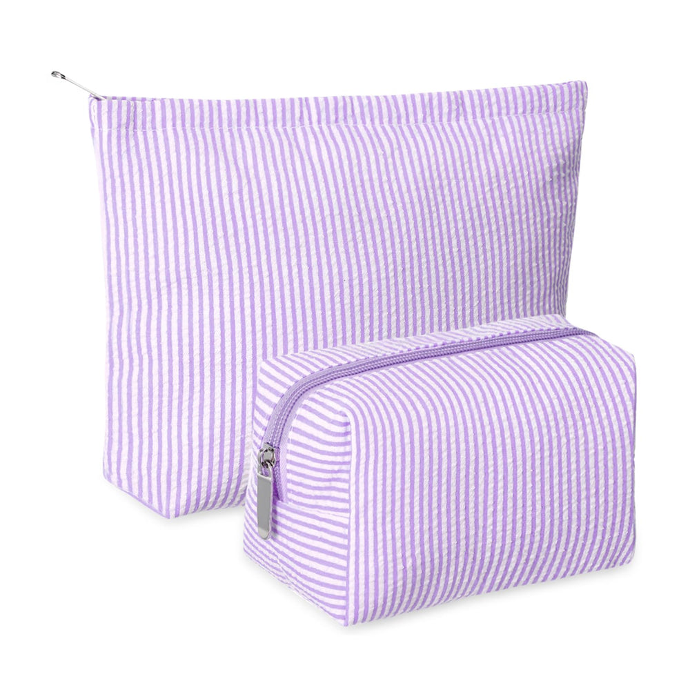Huhumy makeup bag set in purple seersucker front view for travel-ready organization