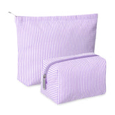 Huhumy makeup bag set in purple seersucker front view for travel-ready organization