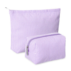 Huhumy makeup bag set in purple seersucker front view for travel-ready organization