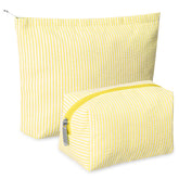 Huhumy makeup bag set yellow seersucker front view for travel storage