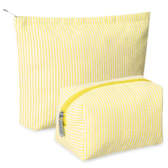 Huhumy makeup bag set yellow seersucker front view for travel storage