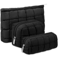 Huhumy Puffy makeup bag with quilted checkered exterior offers stylish, durable storage for cosmetics.