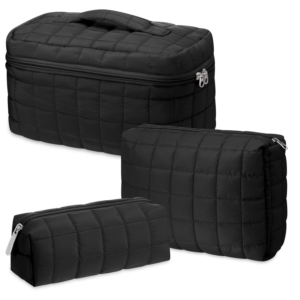 Huhumy three-pcs large puffy makeup bag set in black for travel organization.