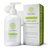 Humane benzoyl peroxide acne wash bottle highlighting maximum-strength formula for acne-prone skin