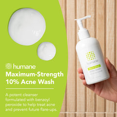 Humane benzoyl peroxide acne wash face-application close-up for daily cleansing targeting pores
