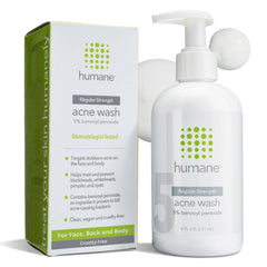 humane benzoyl peroxide face wash 5% bottle front for regular-strength acne care.