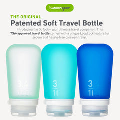 humangear GoToob+ 3-Pack carabiner-ready bottle with clip for bags.