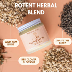 Humanroots Wild Yam Cream ingredients closeup featuring chaste tree berry and red clover
