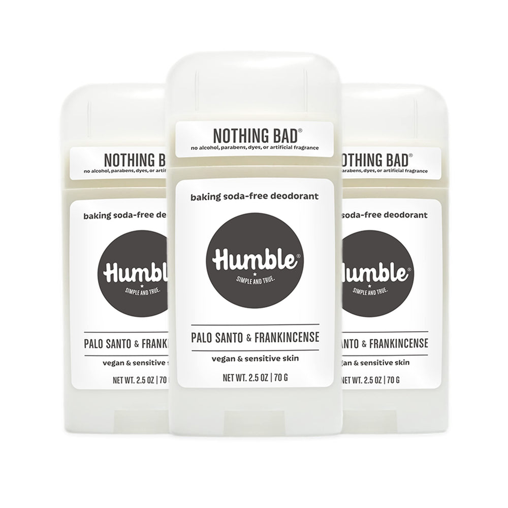Humble Brands aluminum-free deodorant bottle shows Palo Santo and Frankincense scent for daily freshness.