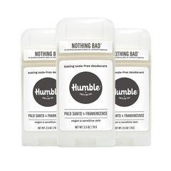 Humble Brands aluminum-free deodorant bottle shows Palo Santo and Frankincense scent for daily freshness.