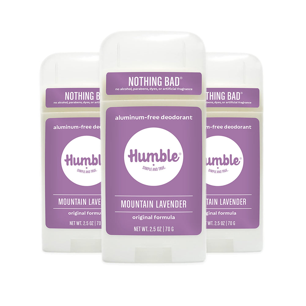 Humble Brands Original Formula deodorant packaging shows Mountain Lavender scent and aluminum-free design.