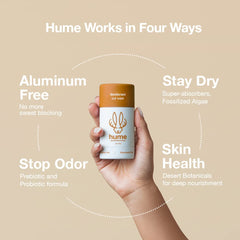 Hume Supernatural clear-stick angled application shows quick-dry, residue-free wear.