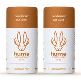 Hume Supernatural Out West 2-pack box packaging highlights clean, aluminum-free deodorant.