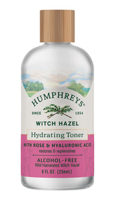 Humphreys Witch Hazel Hydrating Toner bottle on vanity for daily hydration.