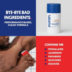 Huron deodorant formula with shea butter, jojoba, and coconut for skin nourishment.