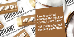 Hurraw! coconut lip balm packaging in a white box emphasizing USA-made origin.