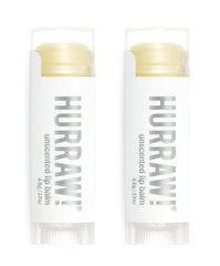 HURRAW! Unscented lip balm packaging shows two compact tubes for on-the-go moisture